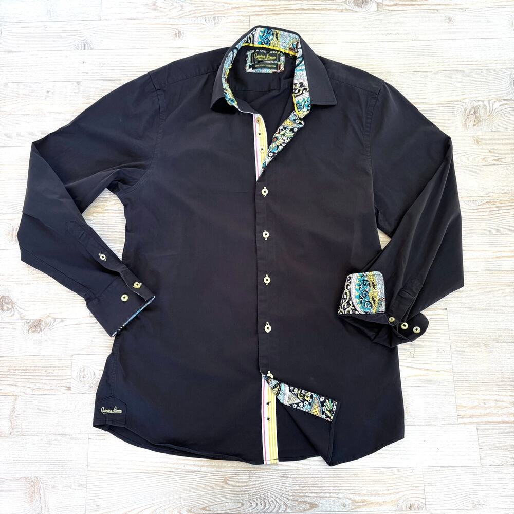 Banana Lemon Stretch Black Dress Shirt With‎ Contrast Pattern | Size M